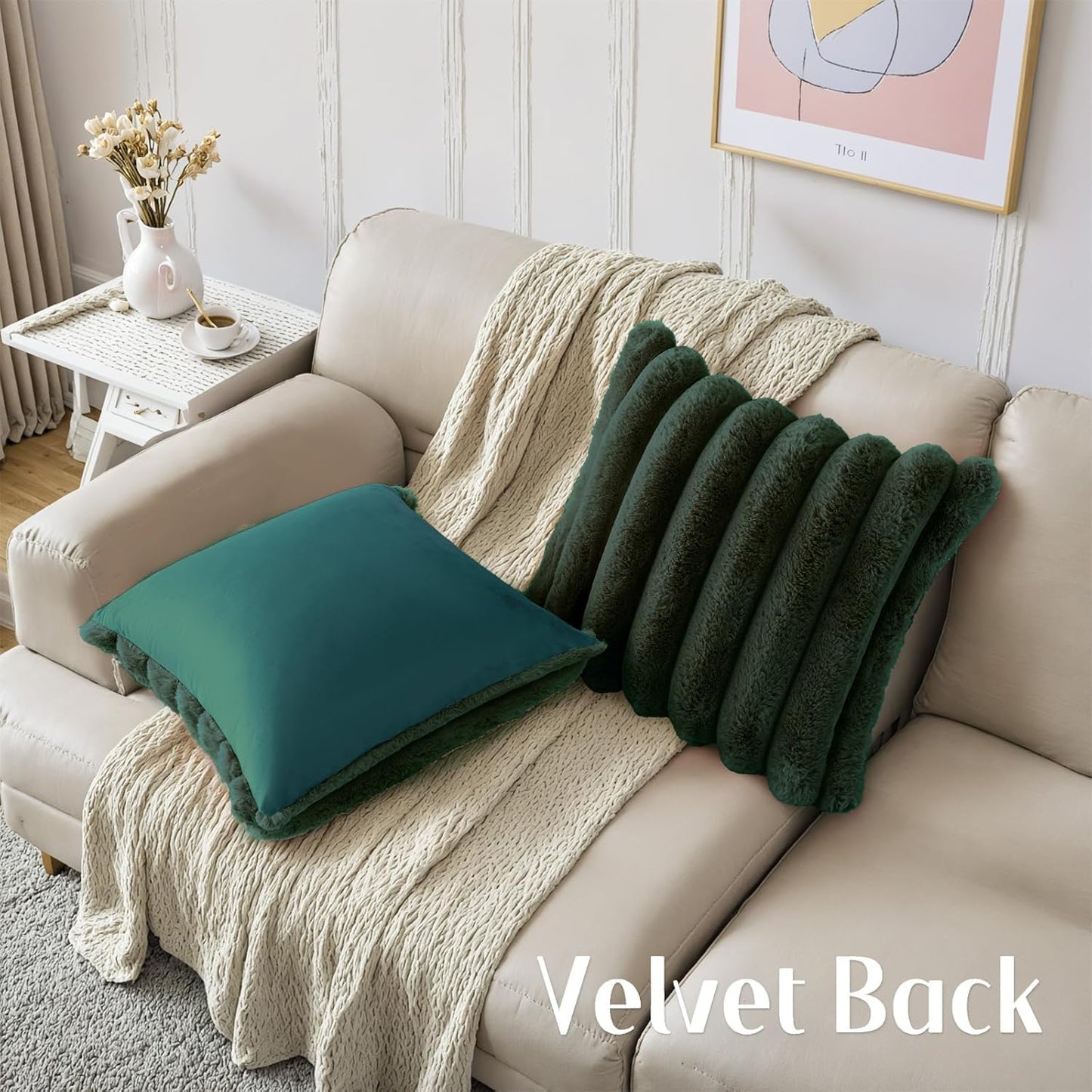 HAUSSY Faux Fur Throw Pillow Covers 18x18 Inch Set of 2,Decorative Striped Neutral Pillow Cases Soft Plush Couch Pillow Covers,Home Decor for Sofa,Bed, Living Room,Dark Green