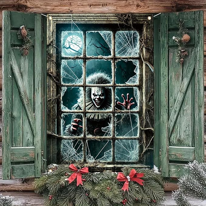 47x31 Inch Halloween Spooky Clown Window Cover Decoration Creepy Clown Horror Backdrop with Broken Glass Spooky Window Poster for Haunted House Outdoor Party Scary Theme Yard Decor