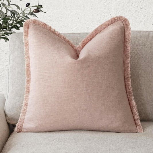Foindtower Decorative Linen Fringe Throw Pillow Covers Cozy Boho Farmhouse Cushion Cover with Tassels Soft Accent Pillowcase for Chair Sofa Bed Living Room Home Decor, 26×26 Inch, 1PC,Light Pink