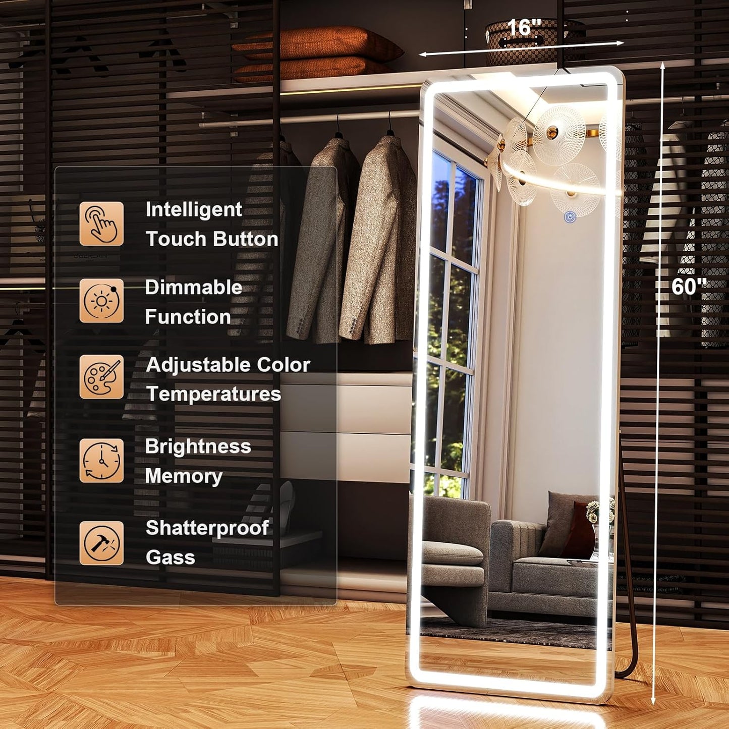 LED Rectangular Corner White Full Length Mirror - 16“ x 60” Brightness Adjustable, Touch Screen Control, Wall Mounted or Freestanding, for Bedroom Living Room Cloakroom Dressing Mirror