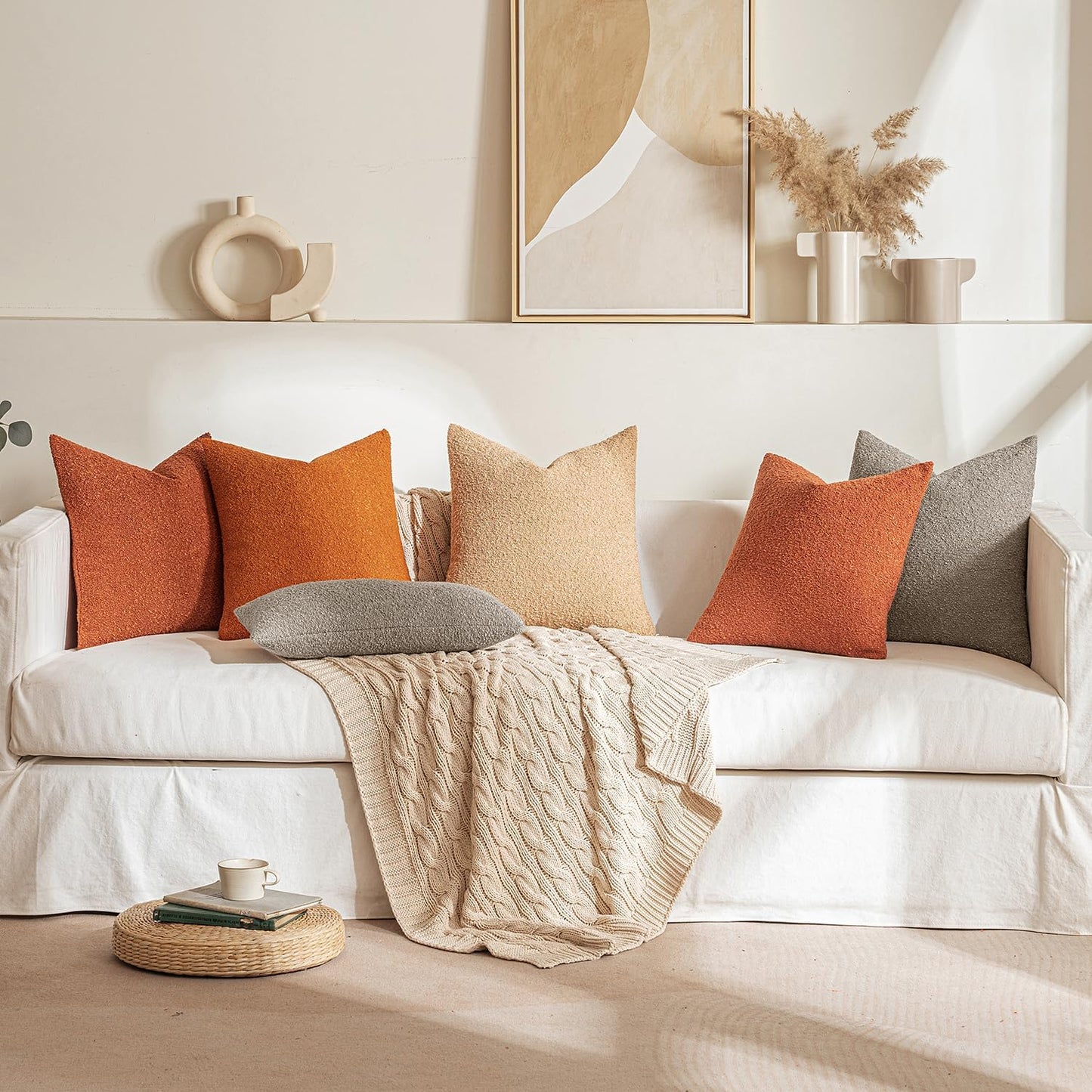 MIULEE 20x20 Inch Decorative Pillow Covers for Couch Bed Set of 2 Textured Boucle Neutral Winter Throw Pillows Burnt Orange Accent Solid Cushion Pillowcases Sofa Livingroom Home Decor