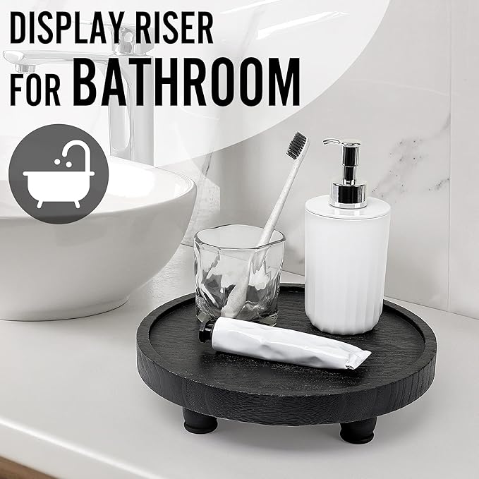 Tikea Farmhouse Wood Display Riser, 10 in. Farmhouse Pedestal Stand for Living Room Kitchen Bathroom Counter Decor, Round Display Tray for Coffee and Soap Dispenser (Black)