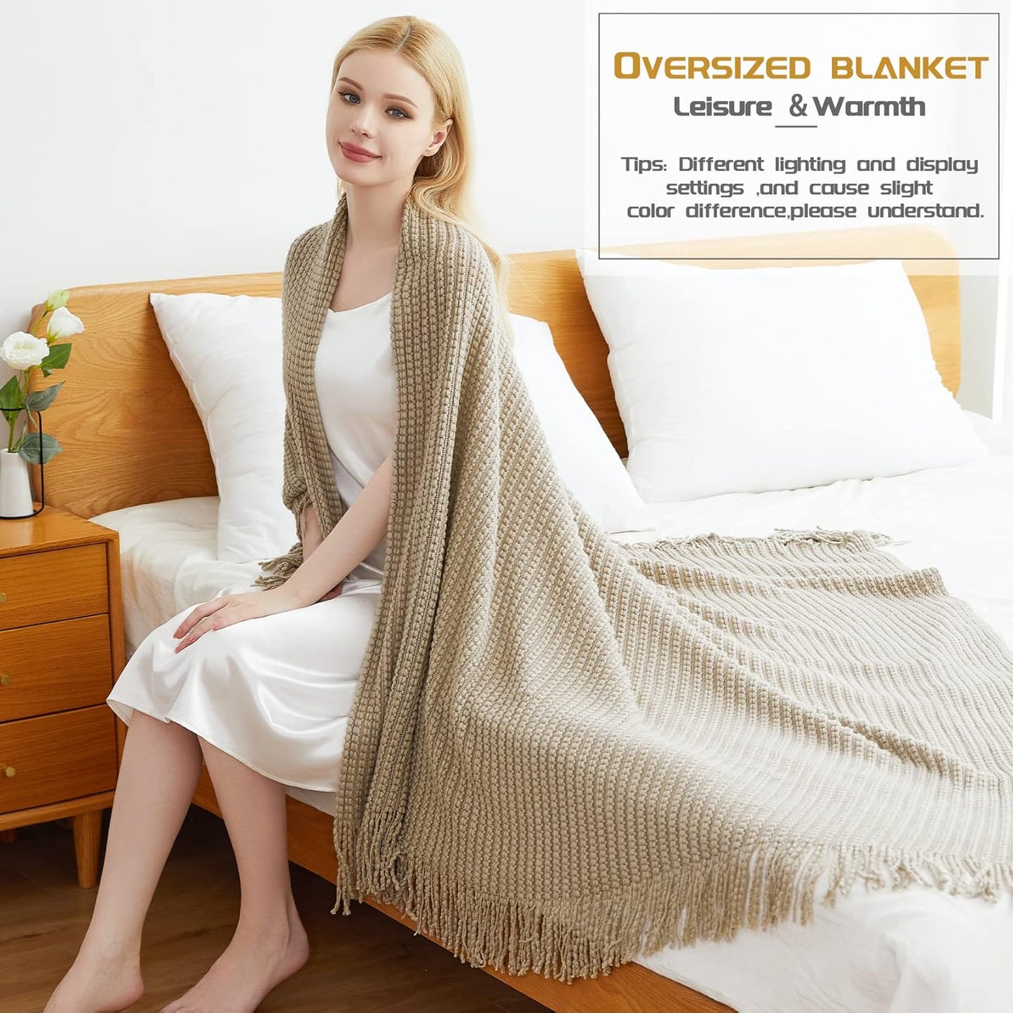 Blagic Knitted Throw Blanket for Couch,Soft Farmhouse Throw Blanket with Tassels,Home Decorative Lightweight Throw Blankets,Camel Throws for Bed/Chair/Sofa, 50" W x 60" L