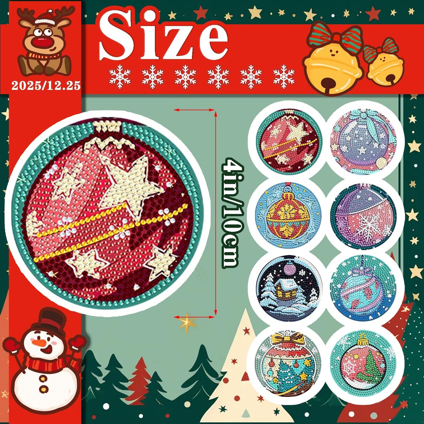 DOTSOPS 8 Pcs Diamond Art Kits for Adults Small Diamond Art Coasters with Holder,Diamond Art Painting Coasters for Adults Beginners Diamond Craft for Christmas Birthday (Christmas Ornaments)