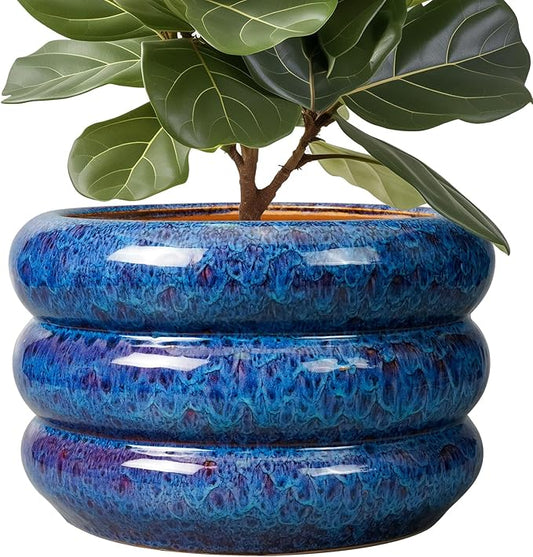 SQOWL Ceramic Pot for Plants 13.5 Inch - Outdoor Planter Large Plant Pot Indoor with Drainage Hole Round Flower Pot Mid-Century Planter for Patio Outdoor Decor Blue
