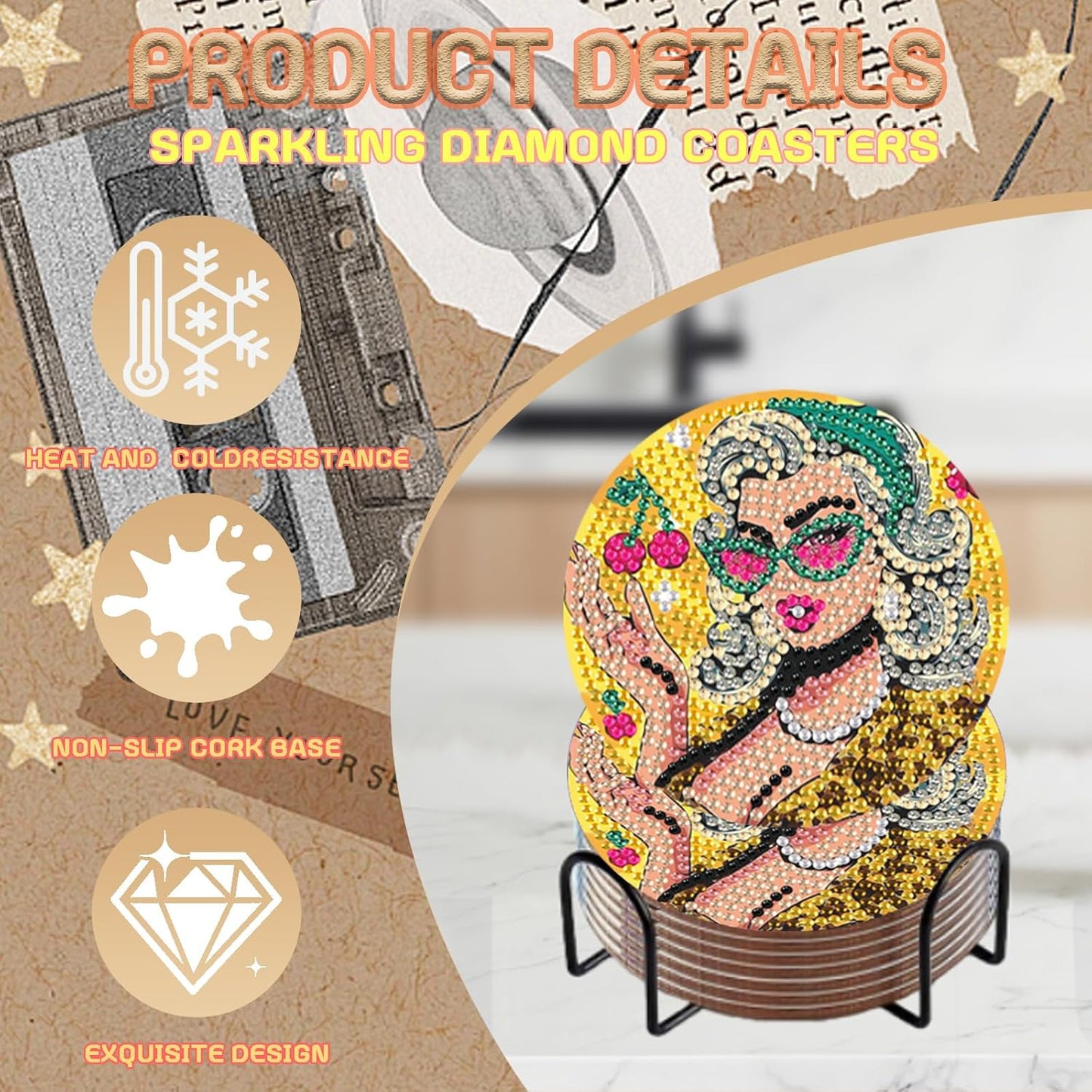 DOZEEZOP 8 PCS Diamond Art Coasters Kit, 5D Diamond Painting Coasters with Holder, Fall Small Diamond Art Kits for Adults Beginners, Diamond Dots Arts and Crafts Supplies Retro