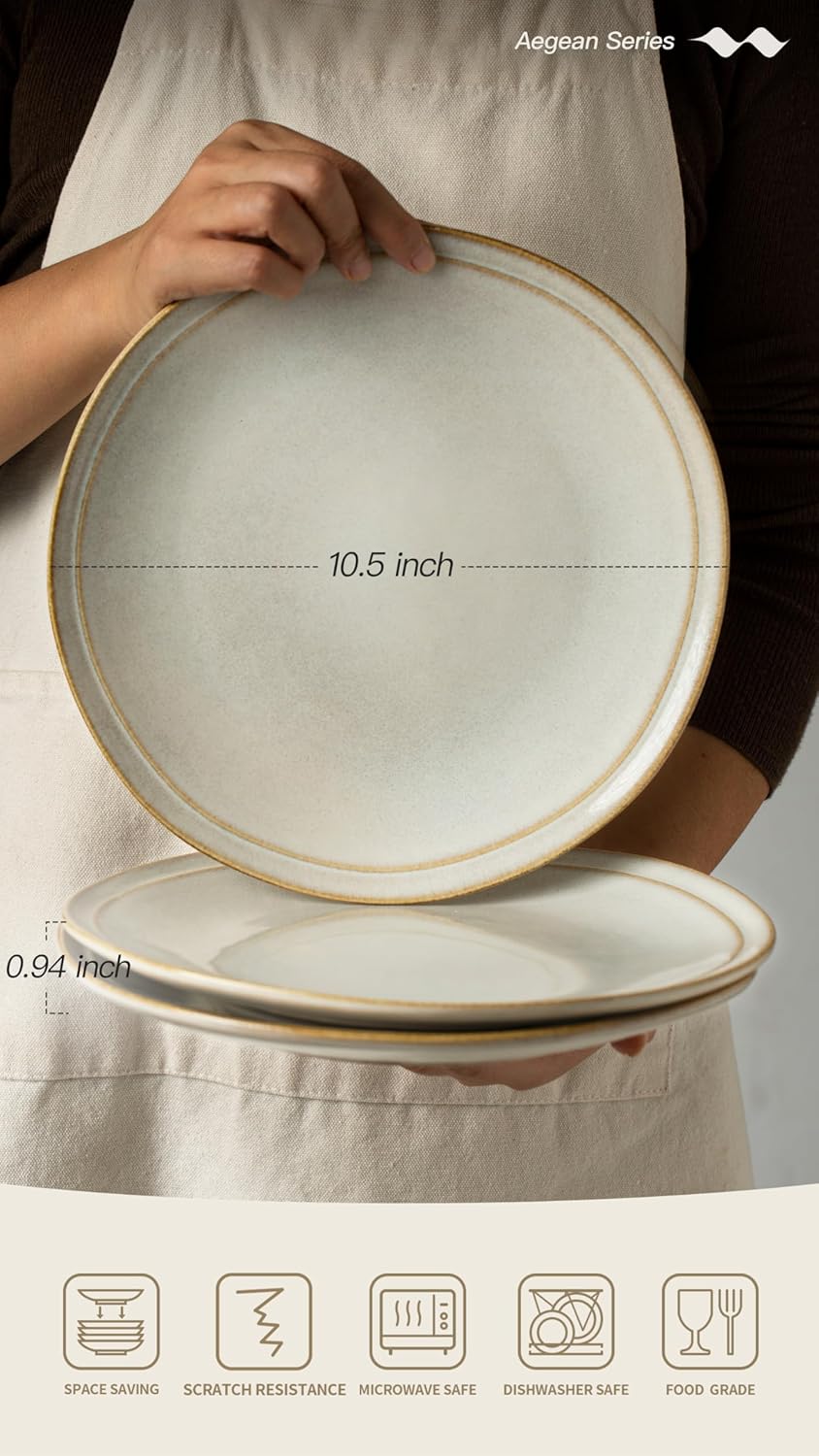 famiware Aegean Dinner Plates Set for 6, 10.5-Inch Scratch Resistant Stoneware Dinnerware Dish Set - Microwave and Dishwasher Safe, Reactive Glaze, Cappuccino White