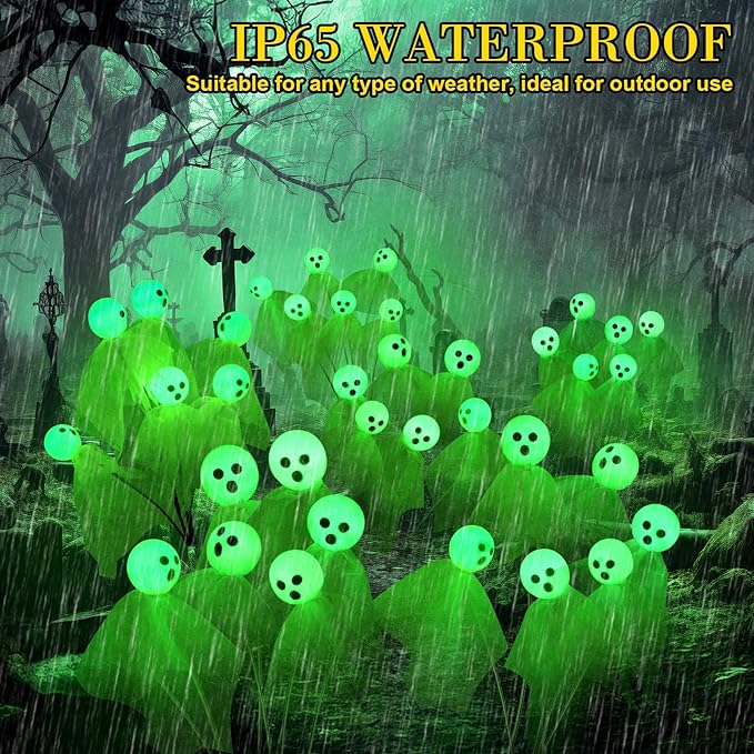 VIHOSE 2 Packs Halloween Solar Lights Outdoor 12 LED Solar Ghost Pathway Lights Waterproof Spooky Ghost Path Light Outdoor Halloween Decorations for Outside Garden Lawn Yard Decors (Green)
