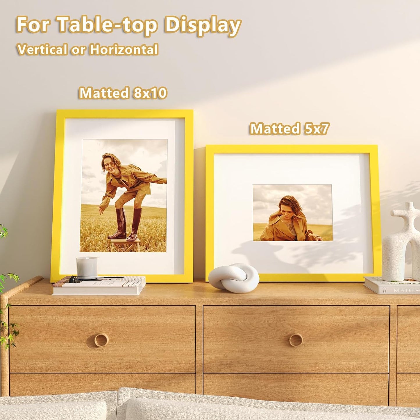 KINLINK 11x14 Picture Frame Yellow, Solid Wood Frames with Acrylic Plexiglass for Pictures 5x7/8x10 with Mat or 11x14 without Mat, Tabletop and Wall Display Photo Frame, Set of 4