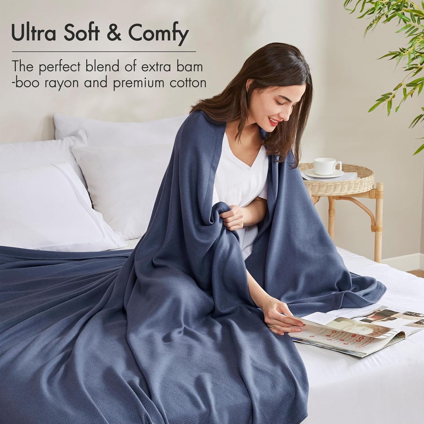 Madison Park King Size Blanket, 70% Rayon Bamboo-Based, 30% Cotton, Breathable for Hot Sleepers Menopause, Ultra Soft and Snag-Resistant, Summer Blanket for Bed or Couch, King 108"x90", Navy