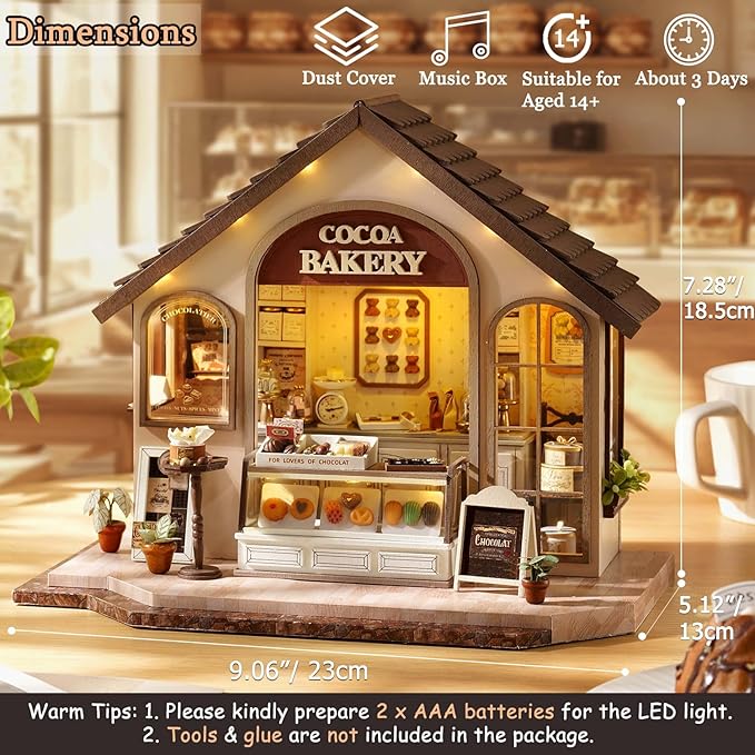 TuKIIE DIY Miniature House Kit with Furniture, 1:24 Scale Creative Room Mini Wooden Dollhouse Book Nook Plus Dust Proof & Music Movement for Kids Teens Adults(Leisurely Bakery)