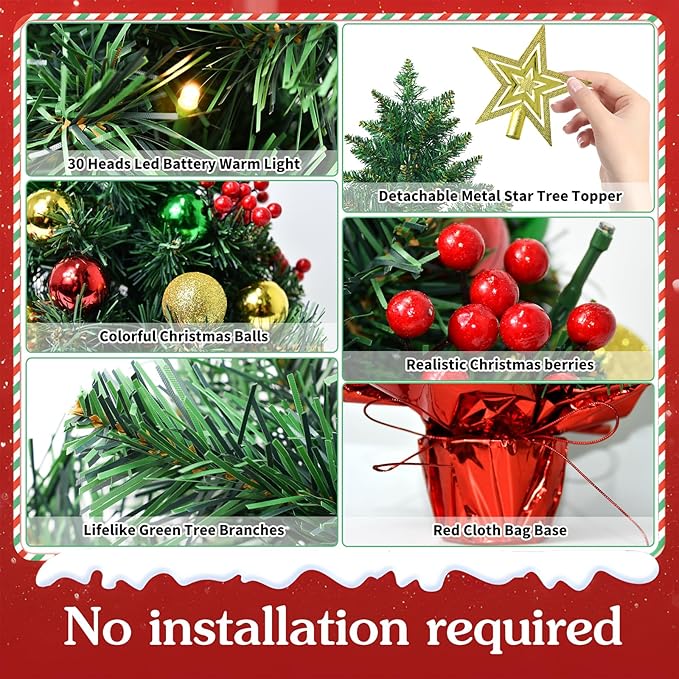 Tabletop Christmas Tree with LED String Lights,22In Pre-Decorated Mini Artificial Christmas Tree for Desktop,Star Treetop and Colored Oranments for Home Indoor Holiday Christmas Decoration-Yellow