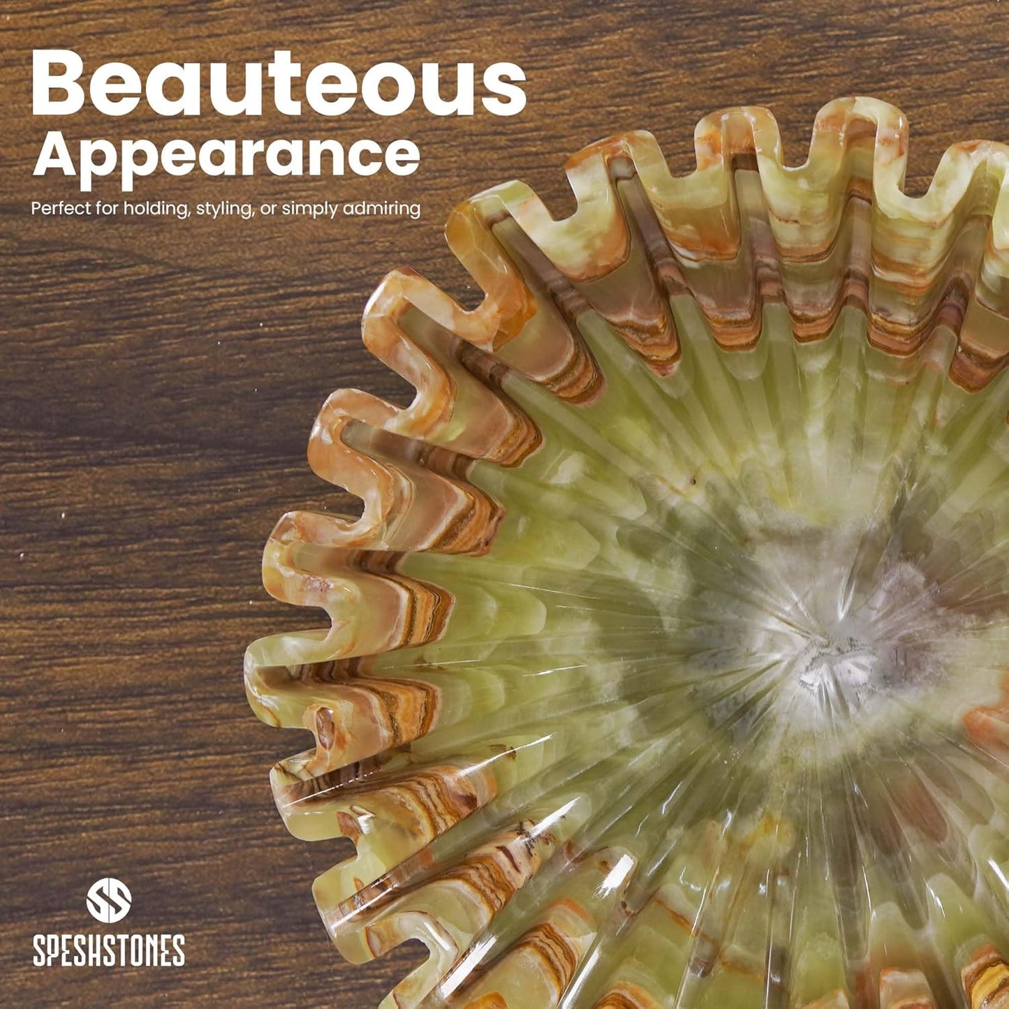 Marble Decorative Bowl 10 Inch Green Onyx Large Fruit Bowl for Kitchen Counter and Dining Table Centerpiece - Modern Stone Ruffle, Fluted and Scalloped Bowls for Home Decor