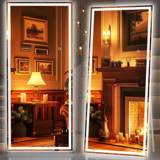 Hasipu Full Length Mirror with Lights, 83" x 36" LED Lighted Floor Standing Mirror, Full Body Dressing Hanging Mounted Mirrors, Dimmable, Tempered Glass, Safe to Use, Square White
