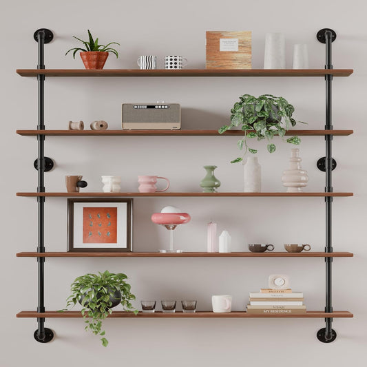Floating Shelves for Wall Bookshelf Industrial Pipe Shelving Shelves 48 Inch 5 Tier Natural Wood Planks Rustic Wall Shelves Hanging Bookshelves Farmhouse Kitchen Shelving