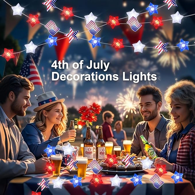 ZGWJ 4th of July Decorations USB String Lights, 1 Pack 50LED 16FT Red White and Blue Flag Stars Patriotic Fairy Lights with Timer Outdoor Waterproof for Memorial Day Presidents Day Independence Day