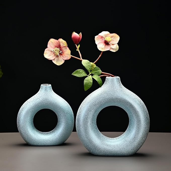 Set of 2 Donut Hollow Ceramic Vase Handmade Minimalist Boho ins Style, Modern Vase for Home Decor for Wedding Dinner Table Party Living Room Office Bedroom (Blue-Gold, Extra Large + Large)