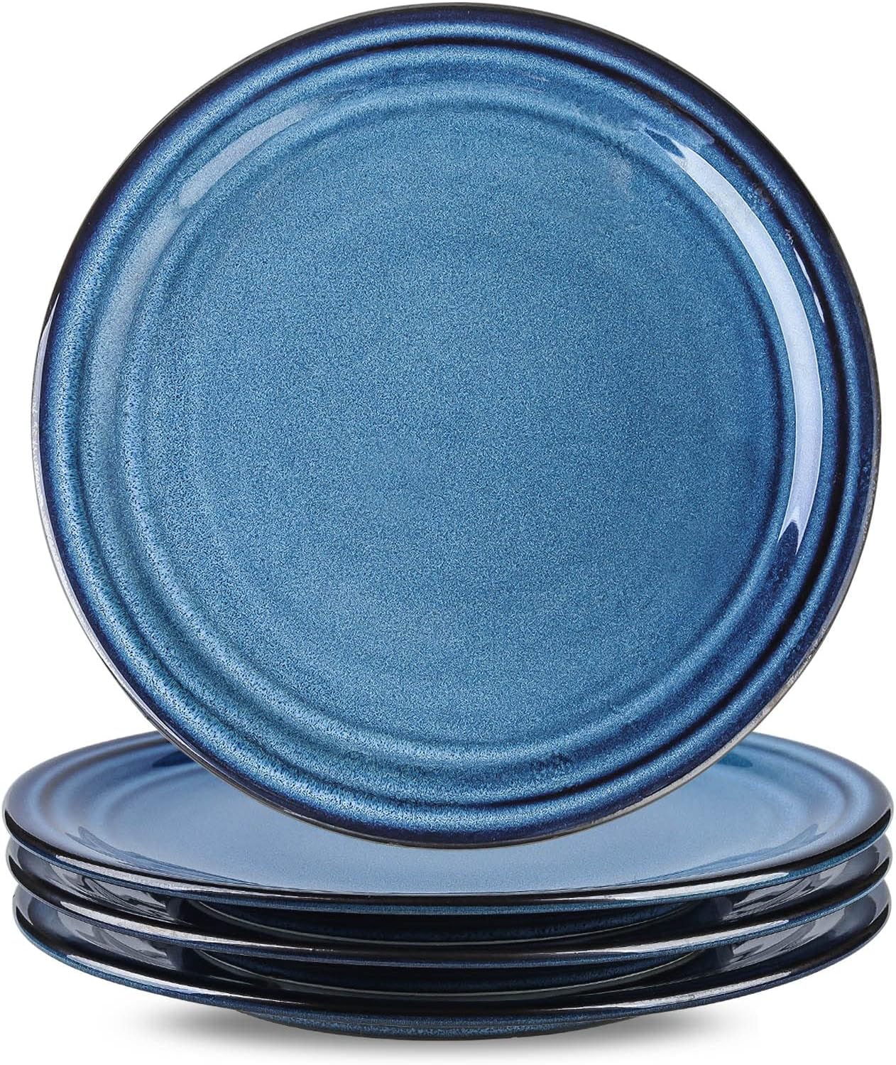 Hasense Ceramic Dinner Plates Set of 4,10 Inch Large Porcelain Pasta and Salad Plates,Blue Stoneware Plate Set Microwave,Oven,and Dishwasher Safe