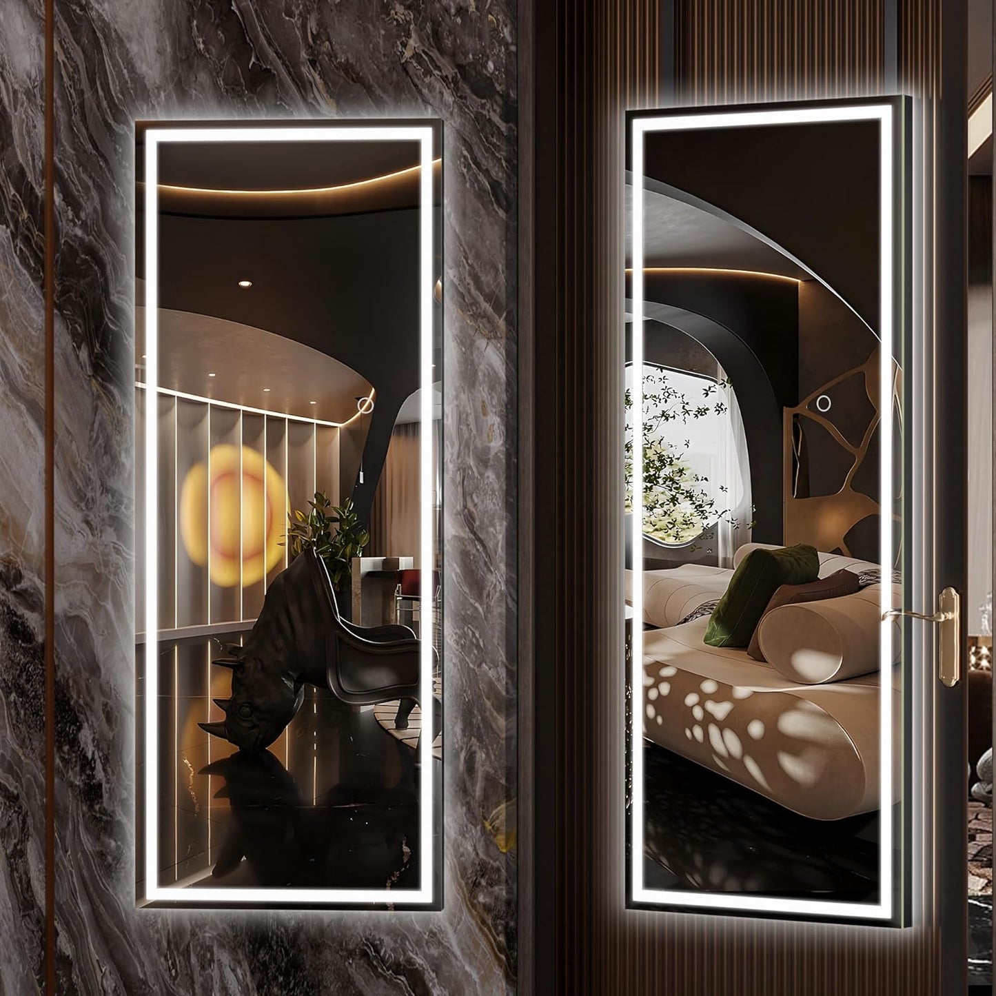 Hasipu LED Over Door Mirror Full Length, 44" x 15.8" Lighted Full Body Wall Mounted Mirror, Light Up Long Dressing Mirror, Square Black