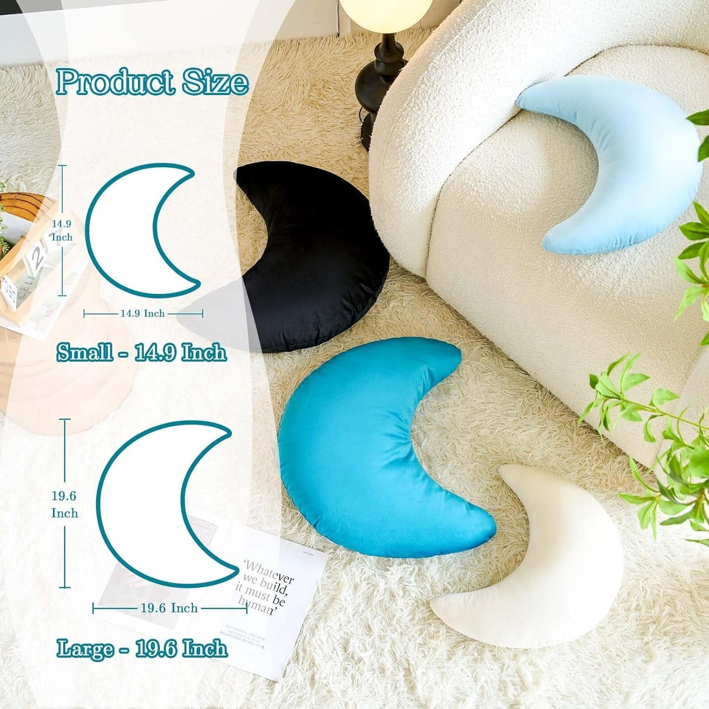 Blue Moon Pillow, 19.6" Cute Soft Velvet Half Moon Shape Plush Decorative Throw Pillows Cushions Room Decor for Couch Bedroom Living Room