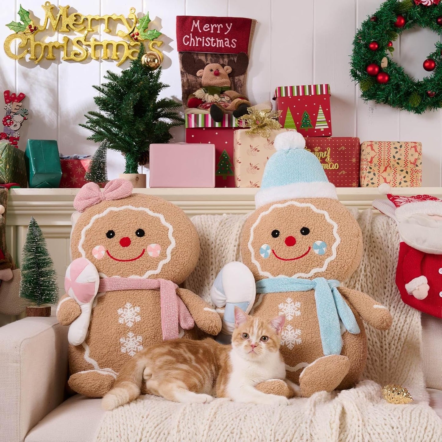 Lanpn Christmas Gingerbread Girl Pillow, Christmas Decoration Winter Throw Pillows Soft Fleece Sherpa Cute 3D Shaped Ginger Bread Lady Throw Cushion for Sofa Bedroom Xmas Decor (18x27 inch)