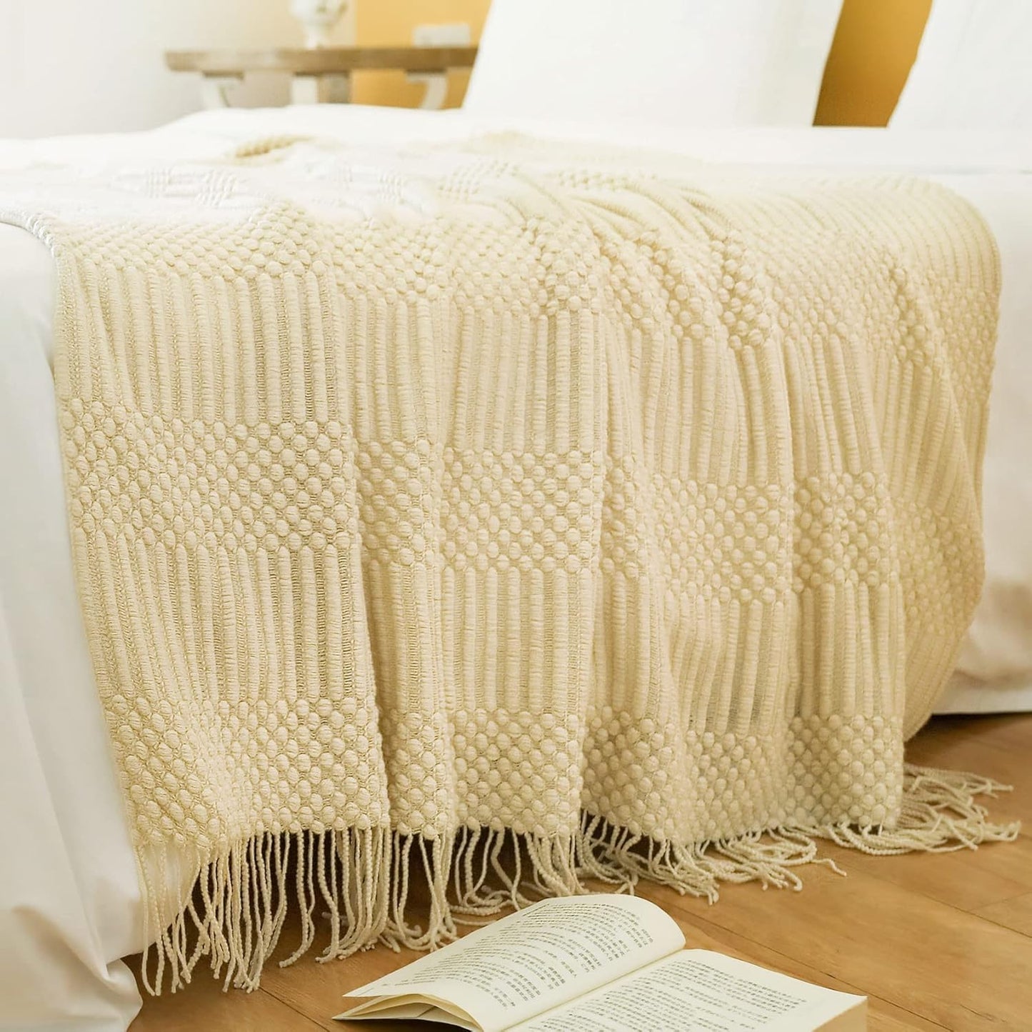 Blagic Knitted Throw Blanket for Couch, Bed and Sofa. Super Soft Blanket with Tassels, Beige Throw Blanket, 60 x 80Inches Lightweight & Cosy Home Decor