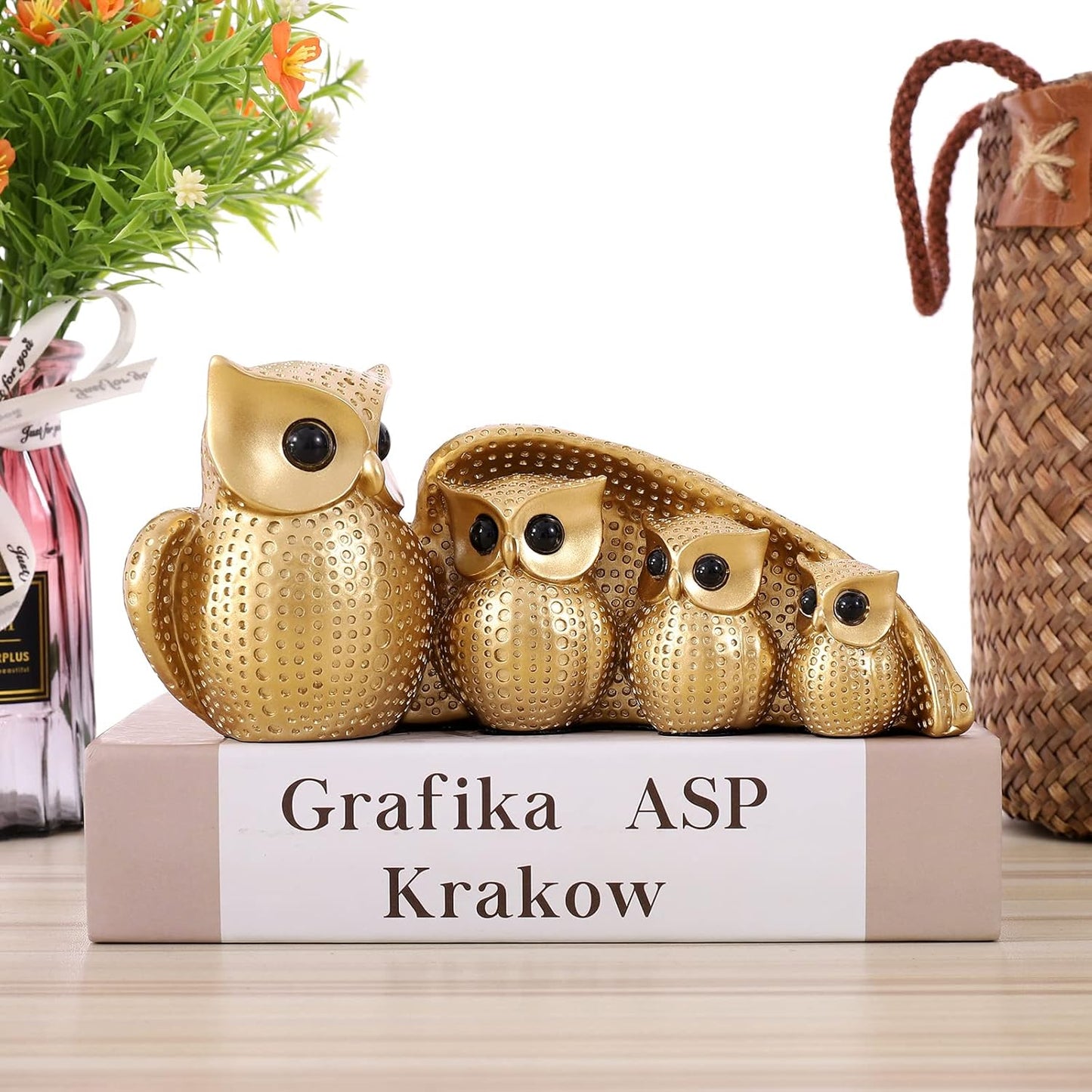 Cute Family of Four owl Figurines Home Décor Sculpture with Three Baby Owls Décor for Shelf Gifts Decoration for Birds Lovers Home,Office, Bookself