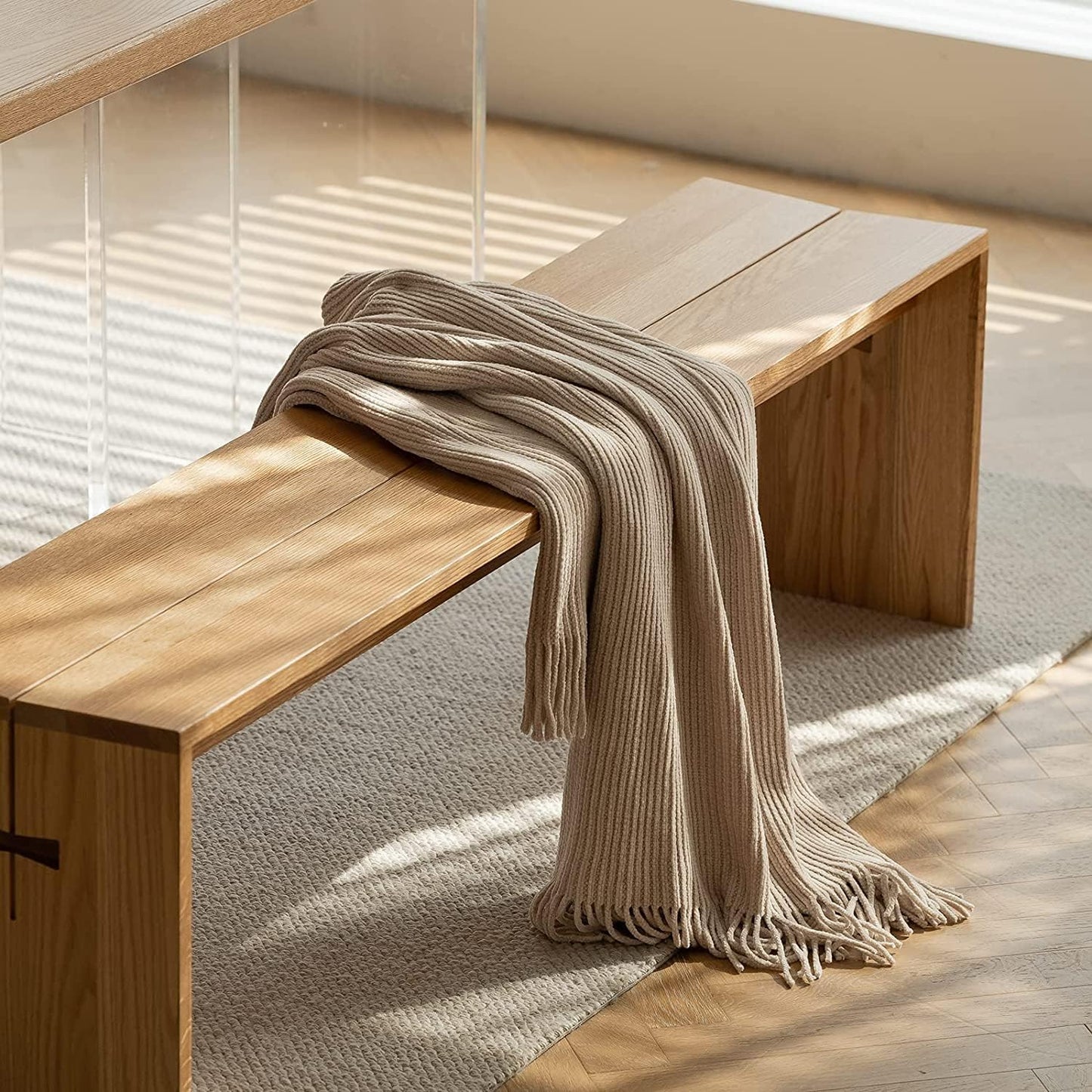 lifein Throw Blanket for Couch, Soft Boho Decor Bed Throw,Cozy Beige Knitted Chenille Small Farmhouse Lightweight Throw (Beige,60 * 80")