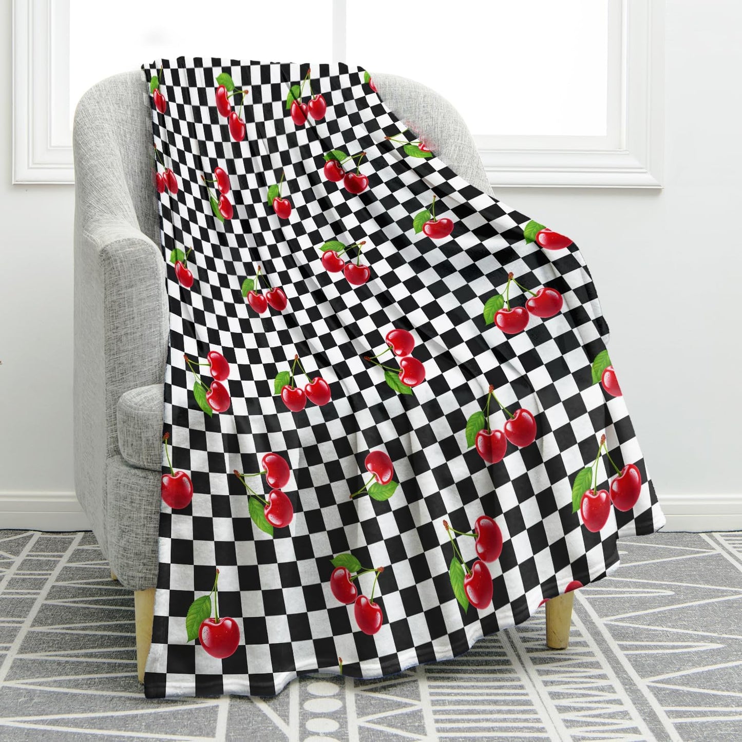 Jekeno Cherry Fruit Blanket Gifts for Women Kids Girls Boys Mom Wife Men Birthday Christmas Halloween Easter Presents Home Bedroom Living Room Bed Sofa Decor Black White Checkered Plush Throw 50"x60"