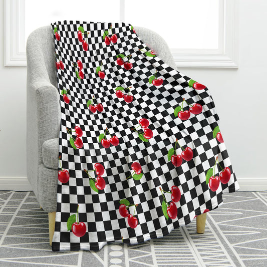 Jekeno Cherry Fruit Blanket Gifts for Women Kids Girls Boys Mom Wife Men Birthday Christmas Halloween Easter Presents Home Bedroom Living Room Bed Sofa Decor Black White Checkered Plush Throw 50"x60"