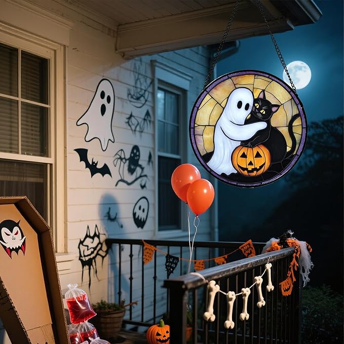 Stained Glass Window Hanging - Halloween Decorations Cute White Ghost Black Cat Suncatcher for Doors Garden Spooky Sun Catchers Gothic Decor Horror Gifts for Women Men Friend Boy 6.3 in
