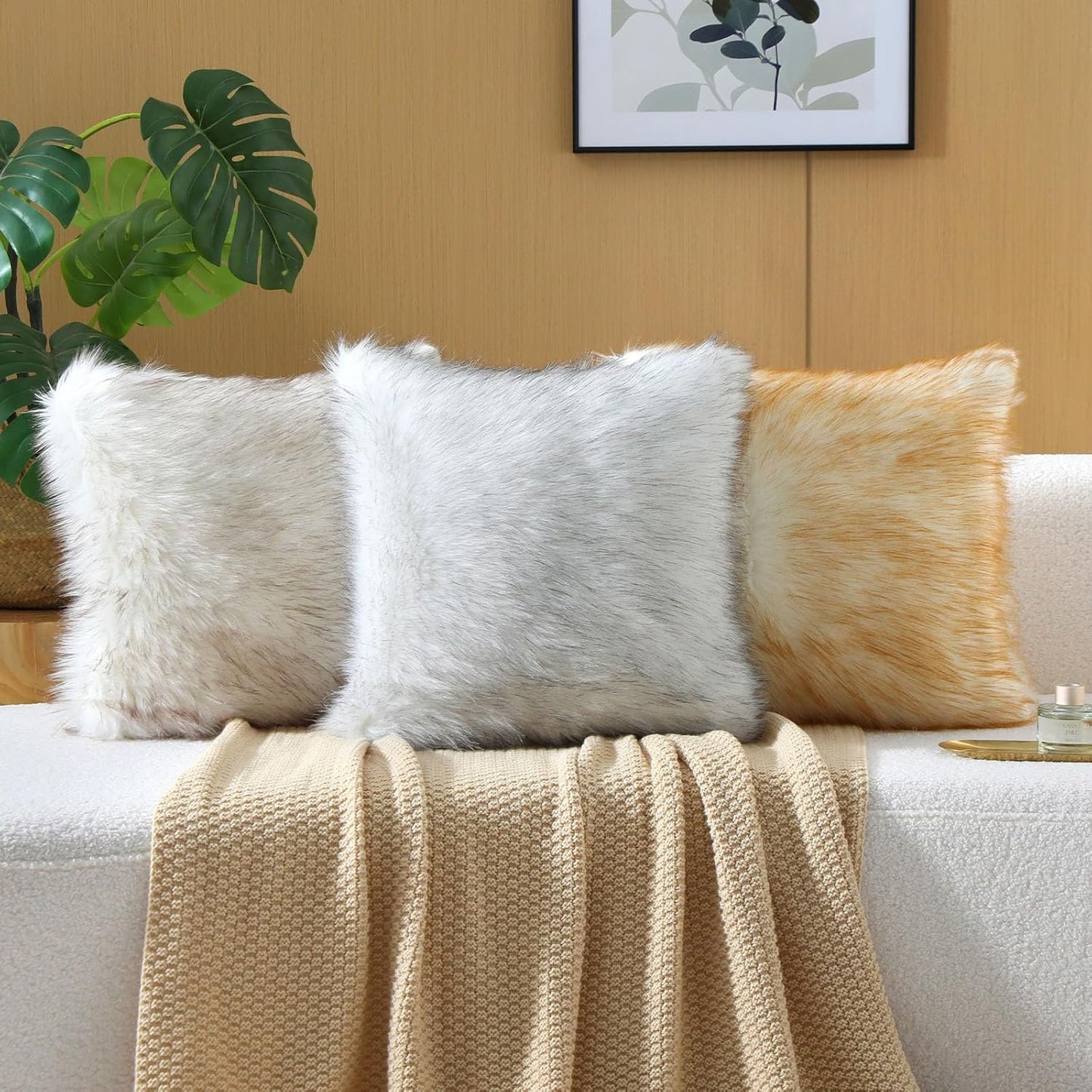 FUTEI Black White Decorative Throw Pillow Covers 26x26 Inch Set of 2,Soft Fluffy Faux Fox Fur Textured Euro Pillow Shams,Modern Home Decor for Couch Living Room