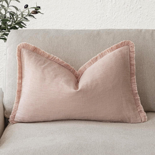 Foindtower Decorative Linen Fringe Lumbar Throw Pillow Covers Cozy Boho Farmhouse Cushion Cover with Tassel Soft Accent Pillowcase for Sofa Bed Living Room Home Decor, 12×20 Inch, 1PC,Light Pink