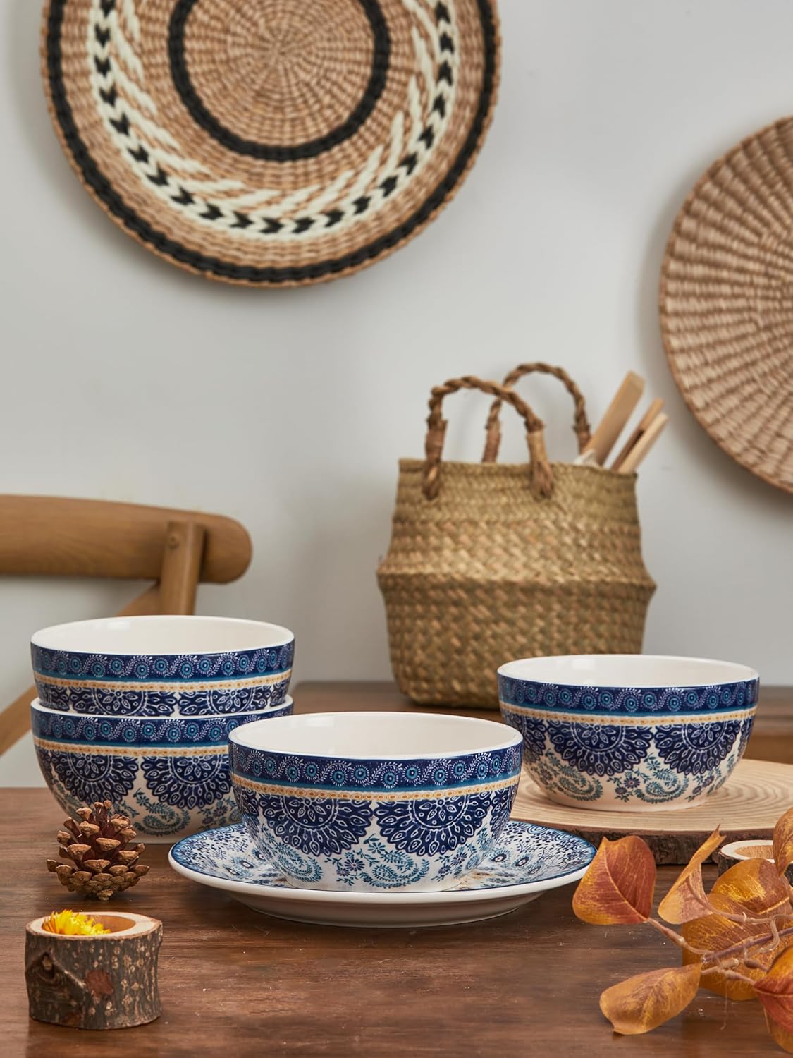 Bico Blue Talavera Cereal Bowls Set of 4, 26 oz Deep Ceramic Soup Bowls for Cereal, Salad, Noodles, Kitchen, Microwave and Dishwasher Safe, Gift for Housewarming and Thanksgiving