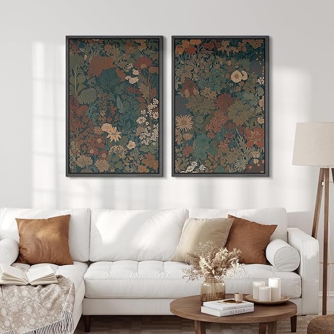 SIGNFORD Framed Canvas Print Wall Art Set Vintage Botanical Floral Dark Green and Rust Toned Illustration Modern Art Decorative Nordic Nature for Living Room, Bedroom, Office - 16"x24"x2 Black