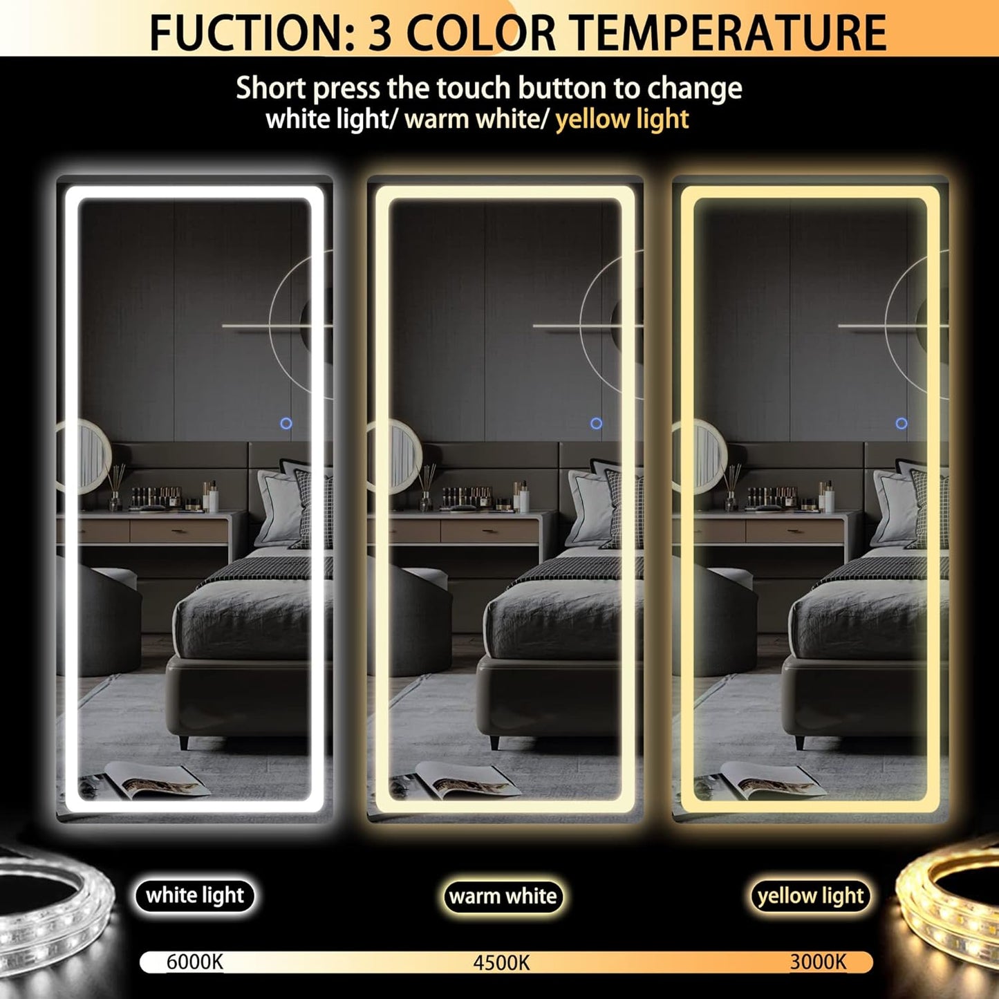 Hasipu Full Length Mirror with Lights, 61" x 22" LED Floor Mirror, Full Body Dressing Standing, Hanging Mounted Mirror for Living Room Bedroom Cloakroom, Round Black