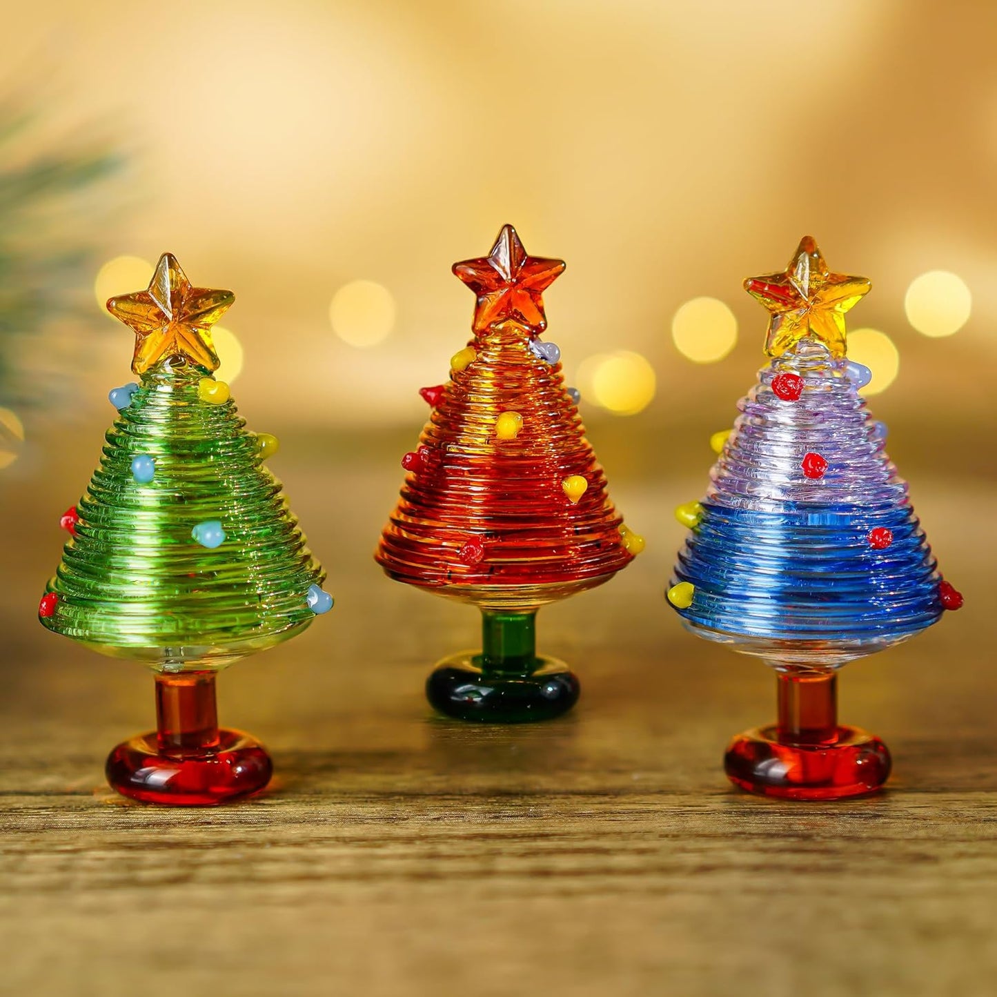 H&D HYALINE & DORA Set of 3, 3 Inch Blown Glass Christmas Tree Mini Handmade Christmas Tree Figurines Ornaments Art Glass Christmas Decoration for Home Tabletop Festival Gifts