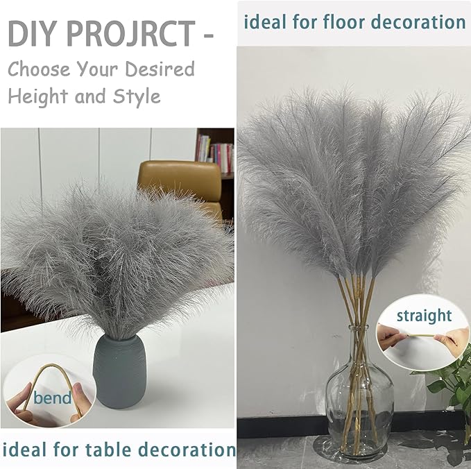 38" 10 Stems Faux Pampas Grass Tall - Grey Tall Pampas Grass Decor Pompas Floral Arrangement and Vase Filler for Boho Home Wedding Mothers Day Decoration