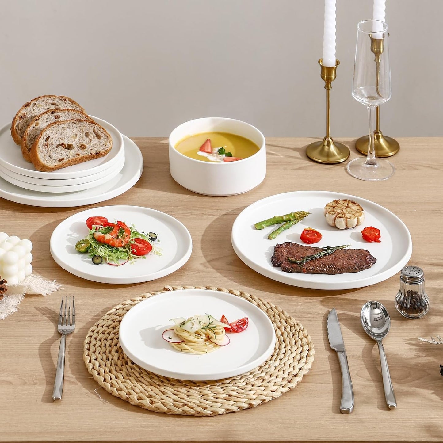 GZG Ceramic Salad Plates Set for 4,8 Inch Stoneware sets,Small Plates for Salads,Desserts,Appetizers,Microwave, Dishwasher,Oven Safe Serving Dish Set,Scratch Resistant,Ivory White