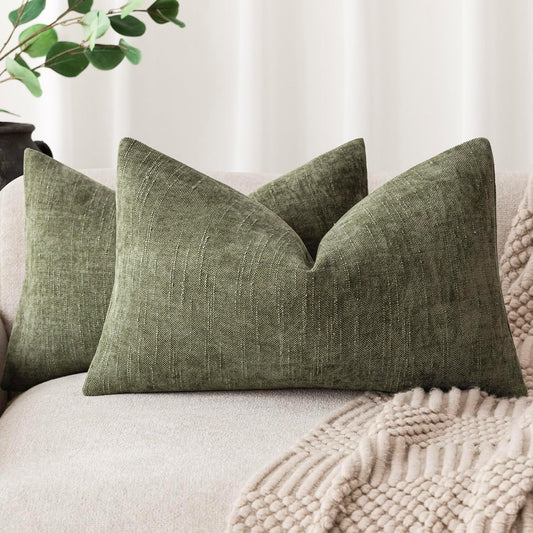 Foindtower Pack of 2 Textured Chenille Throw Decorative Pillow Covers Square Accent Solid Cushion Cover Neutral Farmhouse Lumbar Pillow Case for Couch Sofa Bedroom Living Room 12x24 Inch,Dark Green