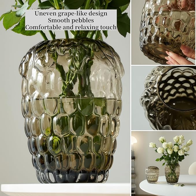 Grape Bubble Glass Vase for Flowers, Round Vintage and Clear Black Colored Smoke Glass Vases for Modern Home Decor (Crystal Grey 6" W X 6.7" H)