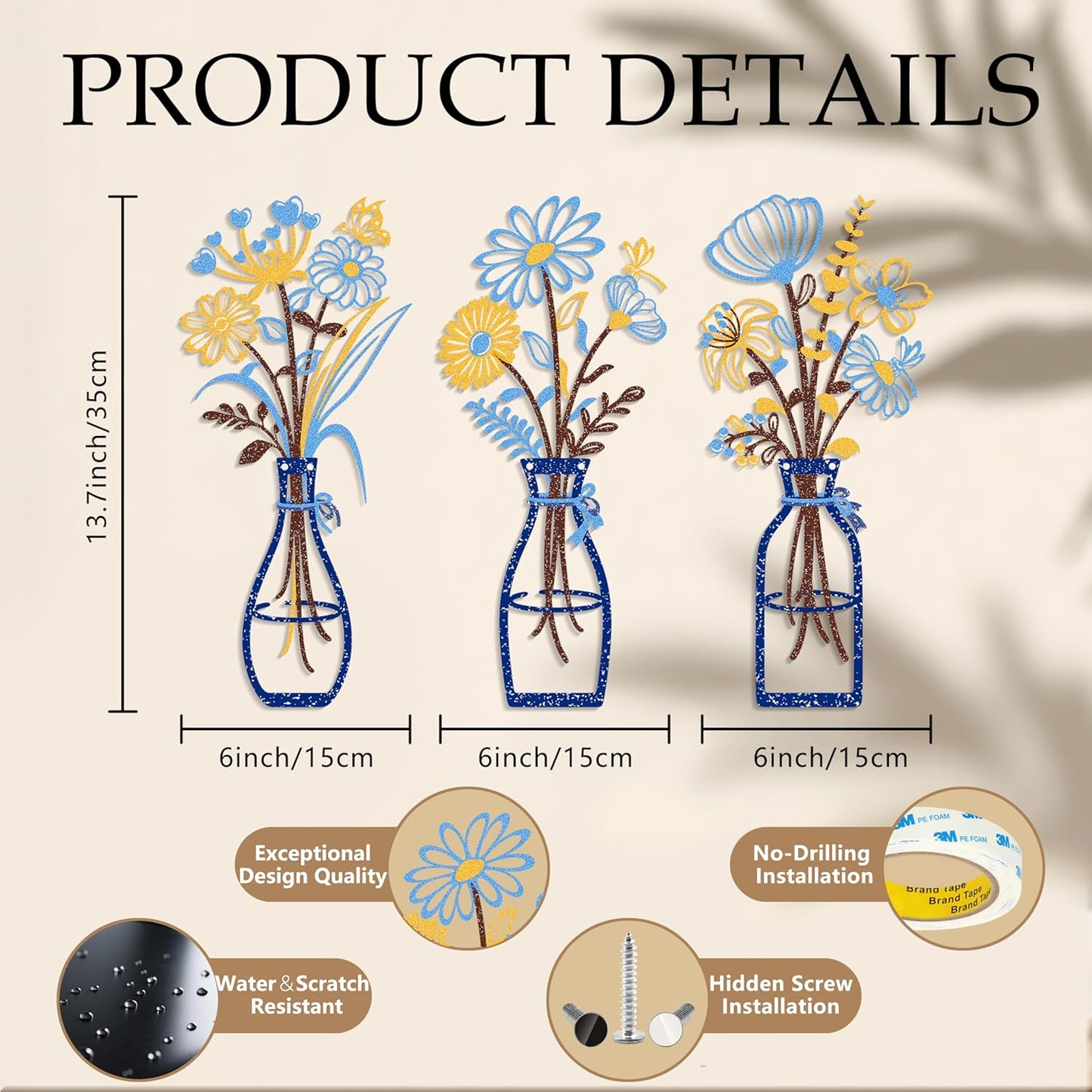 Iron Metal Vase Flower Wall Art Set of 3 - Minimalist Black Floral Decor for Living Room Bedroom Kitchen, Office Garden - Modern Farmhouse Home Decor & Housewarming Gifts (Blue-Yellow)