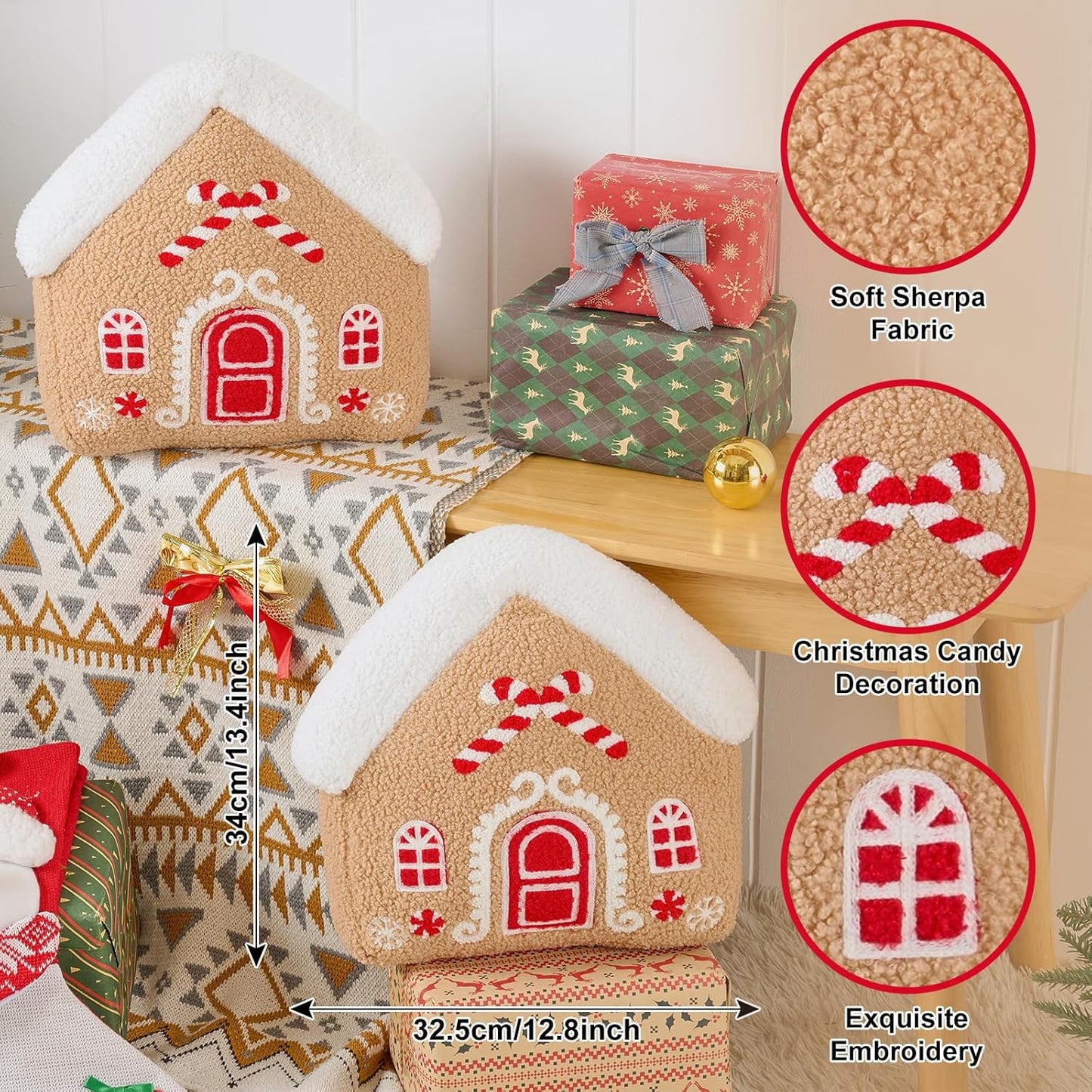 Lanpn Christmas Gingerbread House Pillows Set of 2, Christmas Decoration Winter Throw Pillows Soft 3D Shaped Ginger Bread House Throw Cushion for Sofa Bedroom Xmas Decor (12.8x13.4 inch)