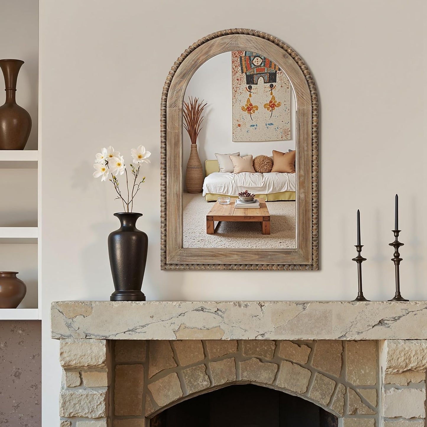 LuxenHome Arch Wall Mirror, 26"x40" Wood Framed Wall Mirrors, Farmhouse Decorative Wooden Mirror, Accent Entryway Wall Mirror, Wall Mounted Mirror Living Room Wall Decor