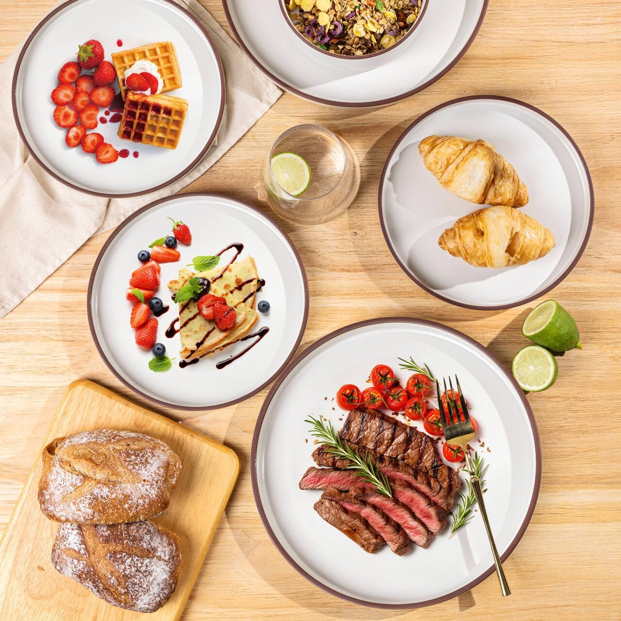 LERATIO Dinner Plates,10.75 Inch Ceramic Flat Plates Set of 6,High Edge Modern plates for Kitchen,Microwave & Dishwasher & Oven Safe, Scratch Resistant Dishes Set-White with Rim