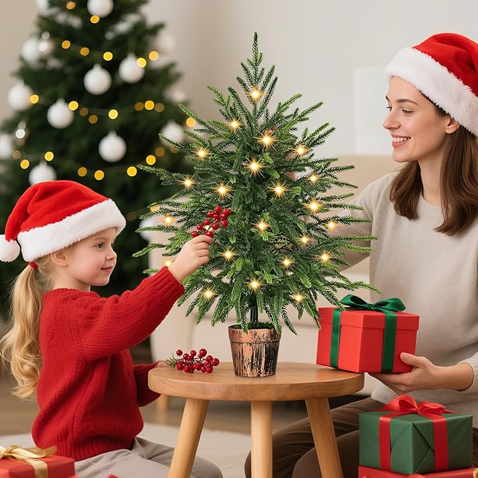 2FT Norfolk Pine Tree with Lights - Tabletop Christmas Tree with Pot, Real Touch PE Branch Tips for Front Porch, Kitchens, Home Indoor Outdoor Xmas‌ Decor