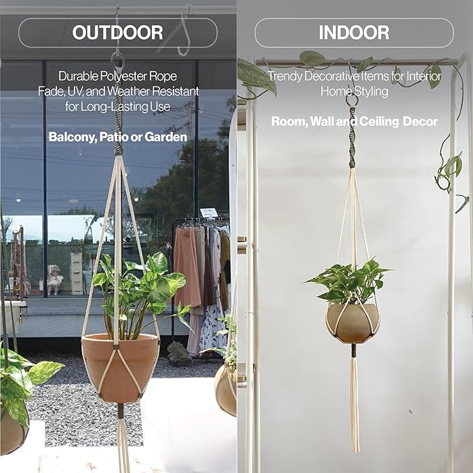 Macrame Plant Hanger Polyester Rope 42 Inch Outdoor Indoor Adjustable Hanging Planter for up to 10 Inch Plant Pot Modern Boho Home Decor (Ivory/Forest Green)