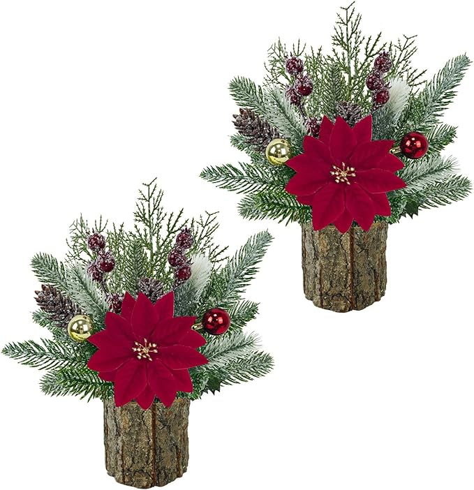 TORONTOKYO 2 Pack Small Christmas Tree, Artificial Tabletop Snowny Mini Christmas Tree Small Fake Plants with Red Poinsettia Berries Balls Pine Cones for Christmas Home Office Desk Party Decorations