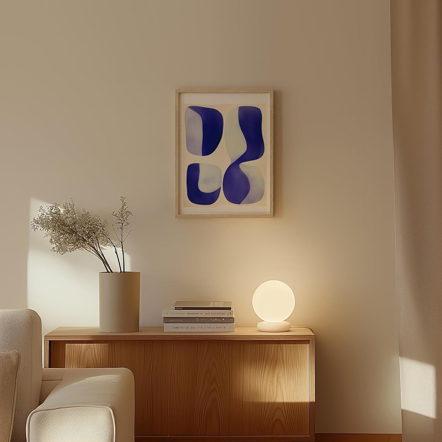 HAUS AND HUES Modern Abstract Wall Art - Blue and Green Living Room Art, Modern Artwork for Walls, Minimalist Picture for Living Room(Blue Tribal Shapes 2, Beige Frame, 12x16)