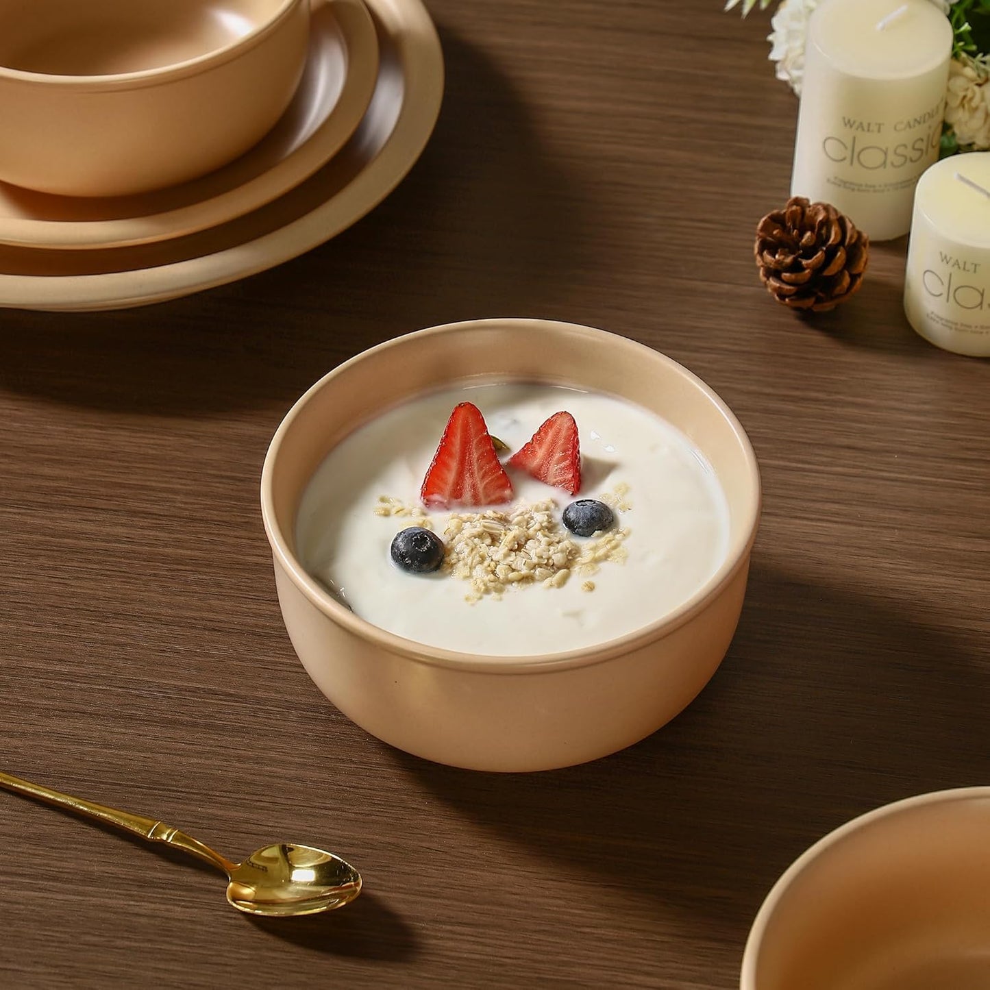 GZG 6-Inch Ceramic Cereal Bowls Set of 4, Rustic Matte Glazed Stoneware Bowls for Cereal, Soup, Salad & Snacks, 30 oz Capacity, Microwave & Dishwasher Safe(Warm Sand)